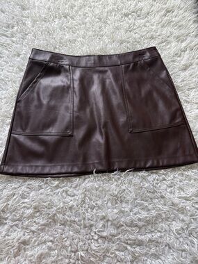 a new day Chocolate Brown Faux Leather Mini Skirt with Front Pockets